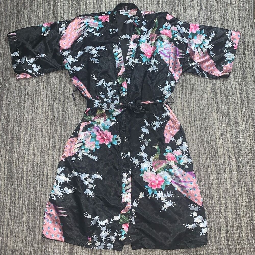 Vintage Sam Wells Kimono Robe One Size Satin Peacock Print Black Pink Belted‎ *